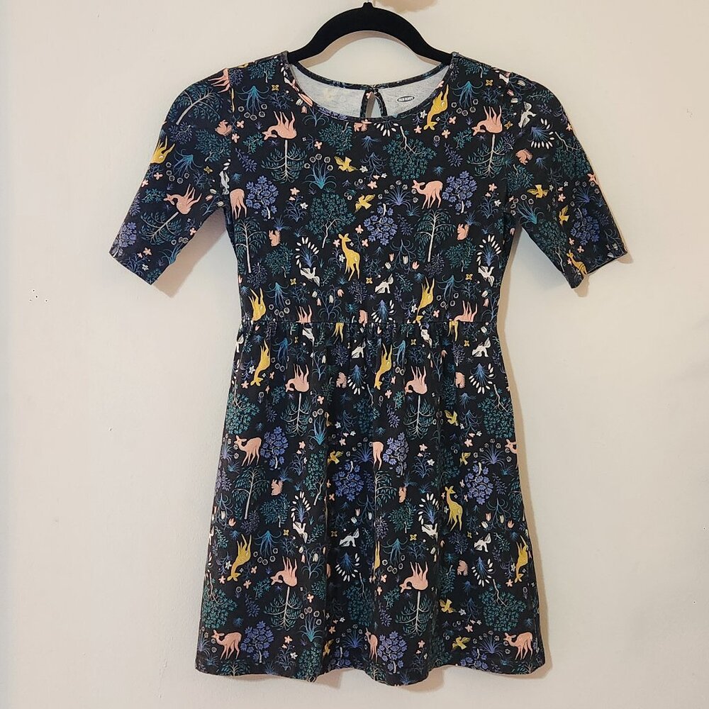 Old Navy Girls M/8 Black Woodland Forest Animals Short Sleeve Boho Dress